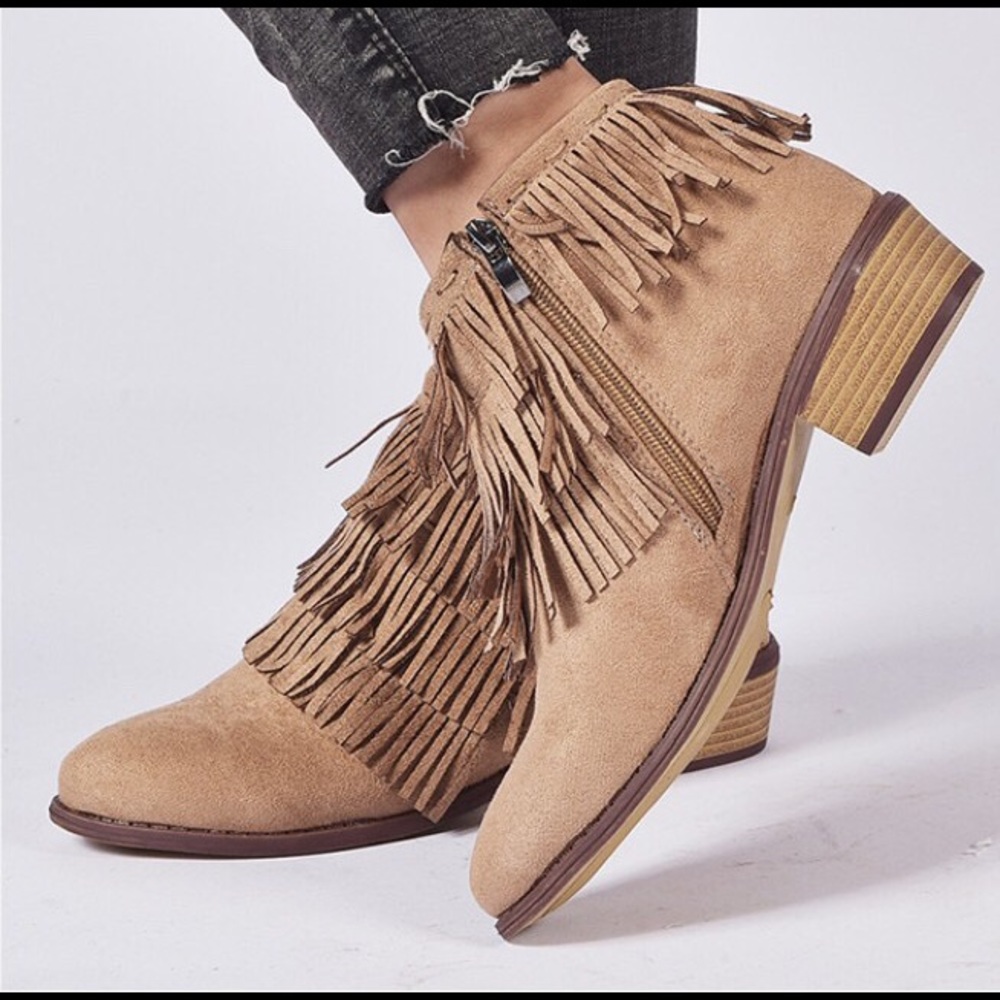LAST 1!Fringe Bohemian Vegan Suede Tan Ankle Boots - Picture 3 of 12